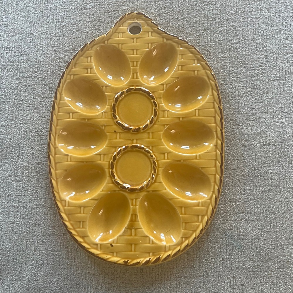 Vintage Lego Japan Ceramic Deviled Egg Platter Yellow Basket Weave Serving Dish